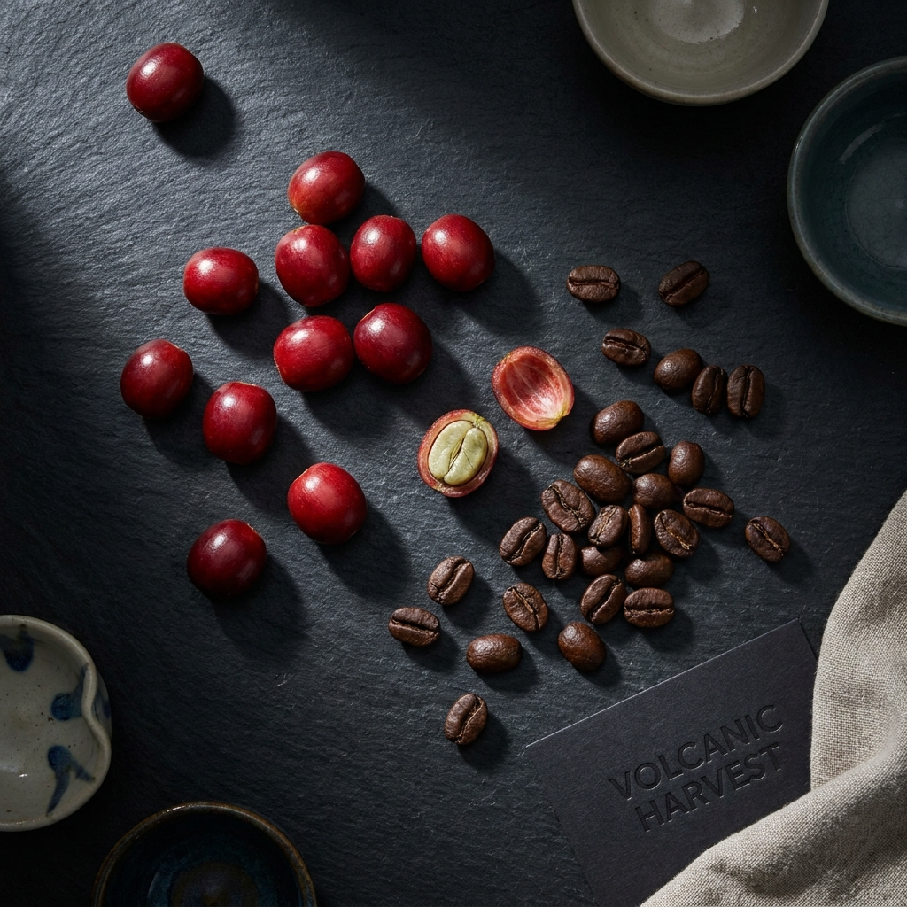 Flat lay of red coffee cherries beside roasted coffee beans, whole coffee fruit extract used in ycofy